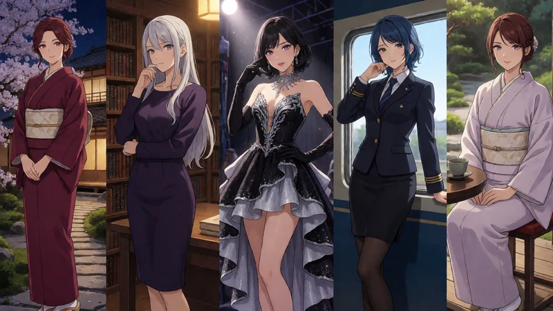 原创日式动漫群像:五位成年女性角色分别身处樱花旅馆、魔法书房、舞台、列车与茶室场景
